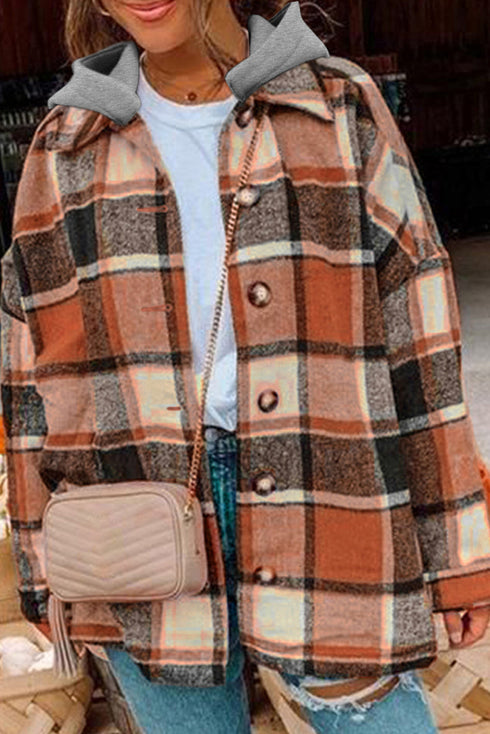 Hooded Plaid Button Front Shacket
